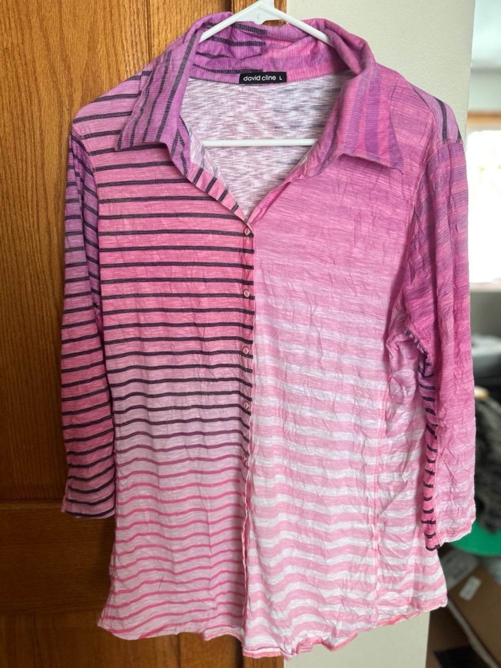David Cline Pink Striped Button Front Top Lightweight Stretch Collared Blouse - Picture 4 of 4